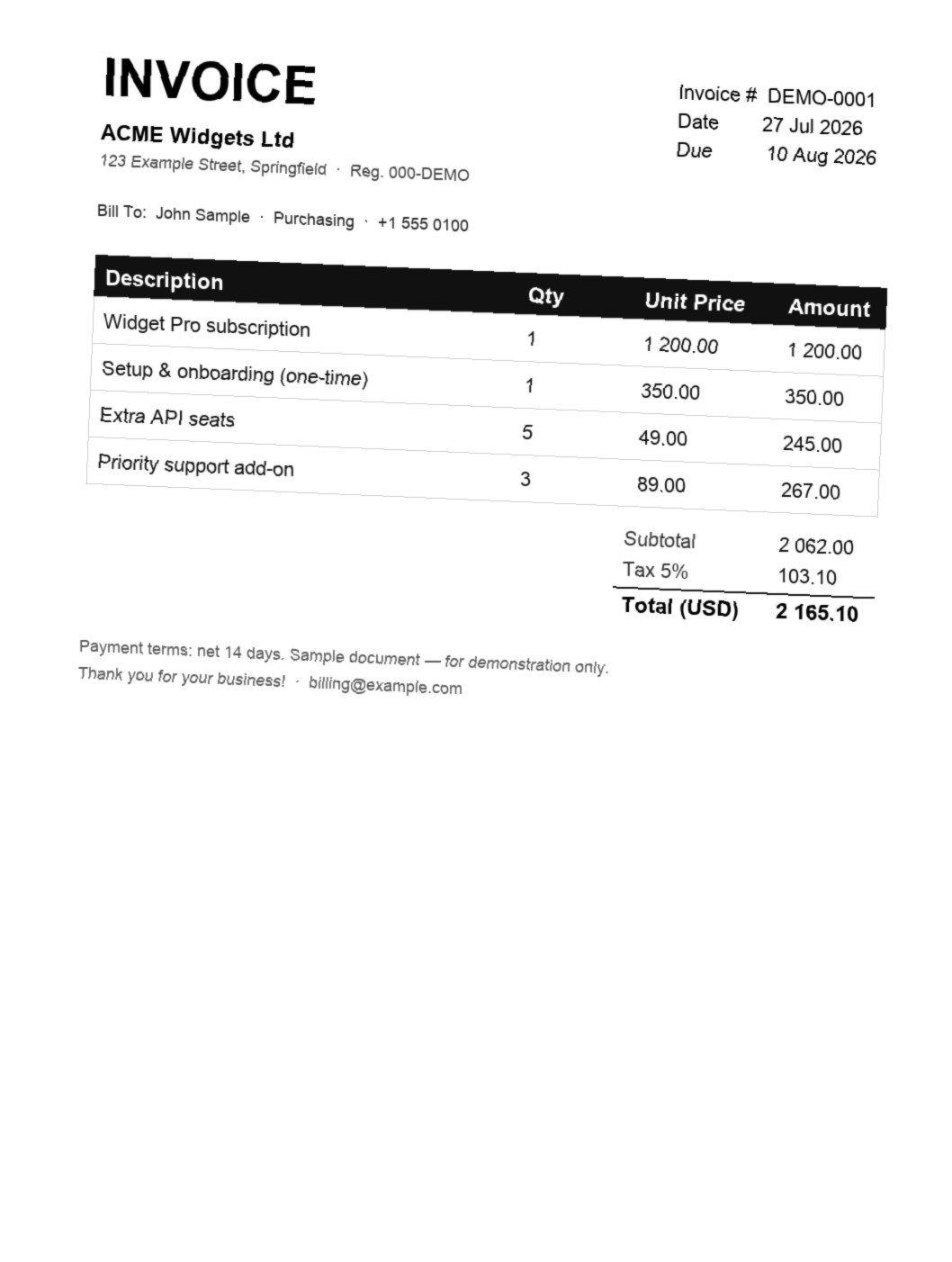 Synthetic demo invoice with four line items, subtotal, tax and total, tilted slightly as if photographed