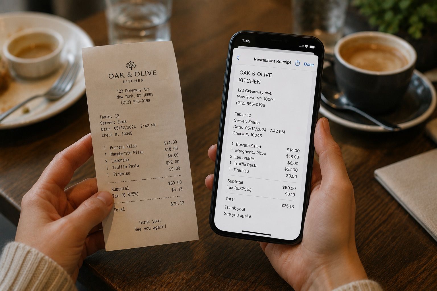 A paper restaurant receipt next to a phone showing the same receipt converted into editable text