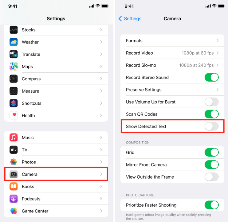 iPhone images showing detected text in camera and settings
