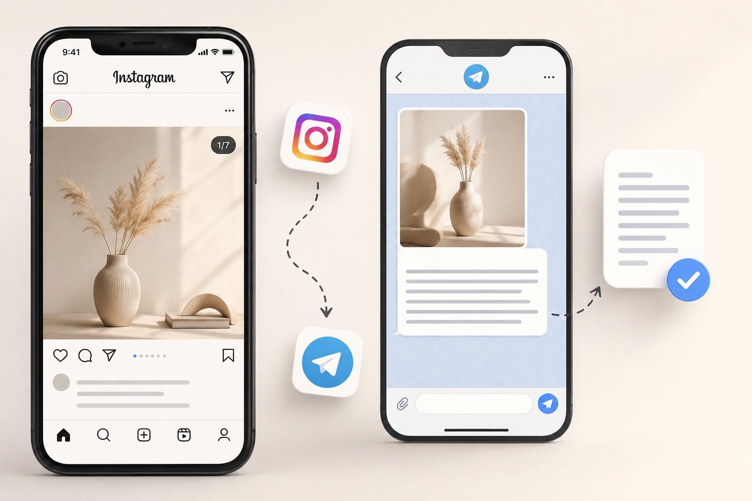 An Instagram carousel post next to a Telegram chat returning the extracted text as a document