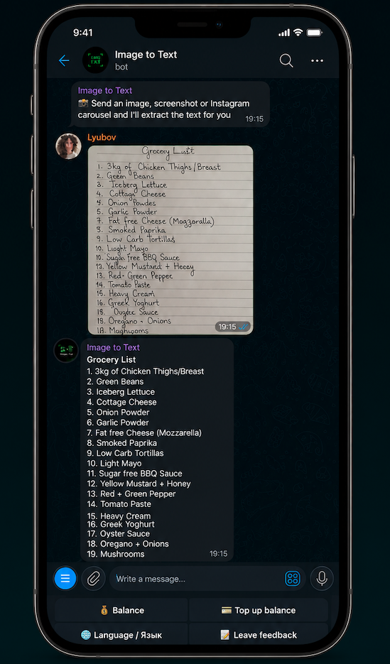 Telegram bot returning extracted text from a grocery list image
