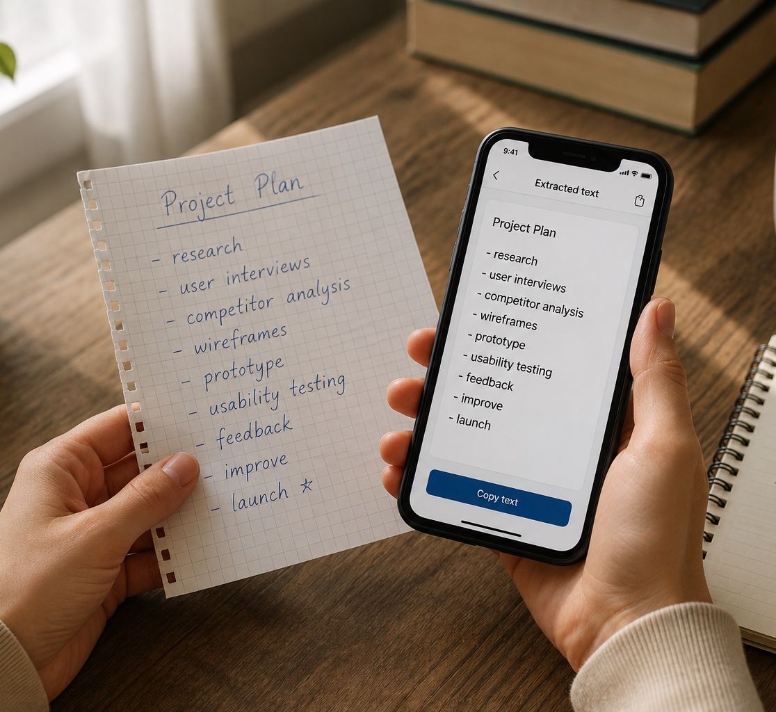 A handwritten project plan on paper and the same text, recognized, on a phone screen