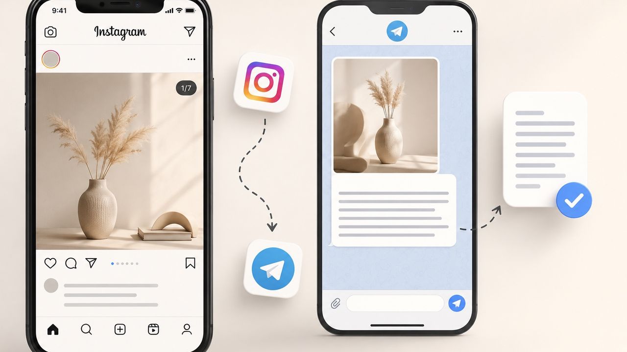 Телефон с постом Instagram рядом с телефоном, где чат Telegram возвращает текст со всех слайдов