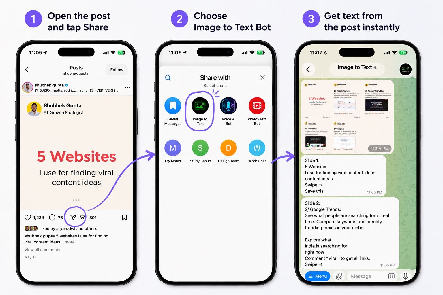 Sending an Instagram post link to ImgTxtApp and receiving the extracted text